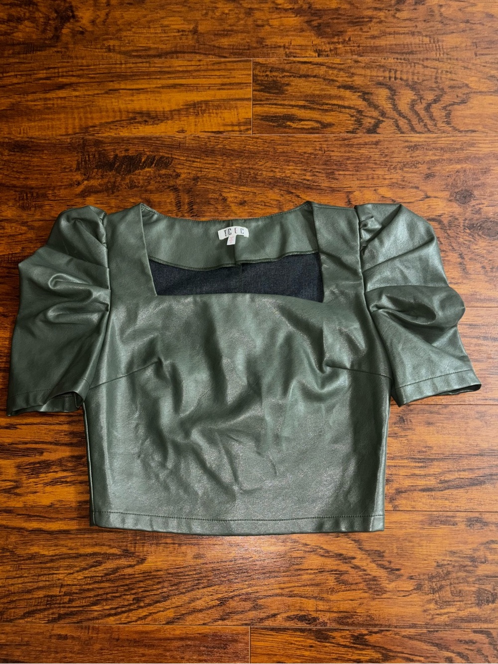 TCEC Faux Leather Puff Sleeve Crop Top Olive Green Pleated Sleeve Short Blouse